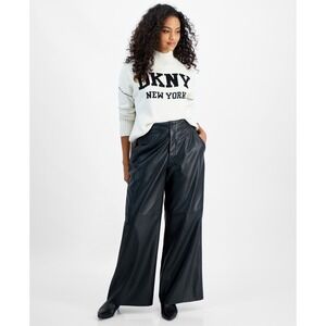 DKNY Women Faux Leather Wide Leg Trousers 6P Black High Rise Pleated Edgy Chic